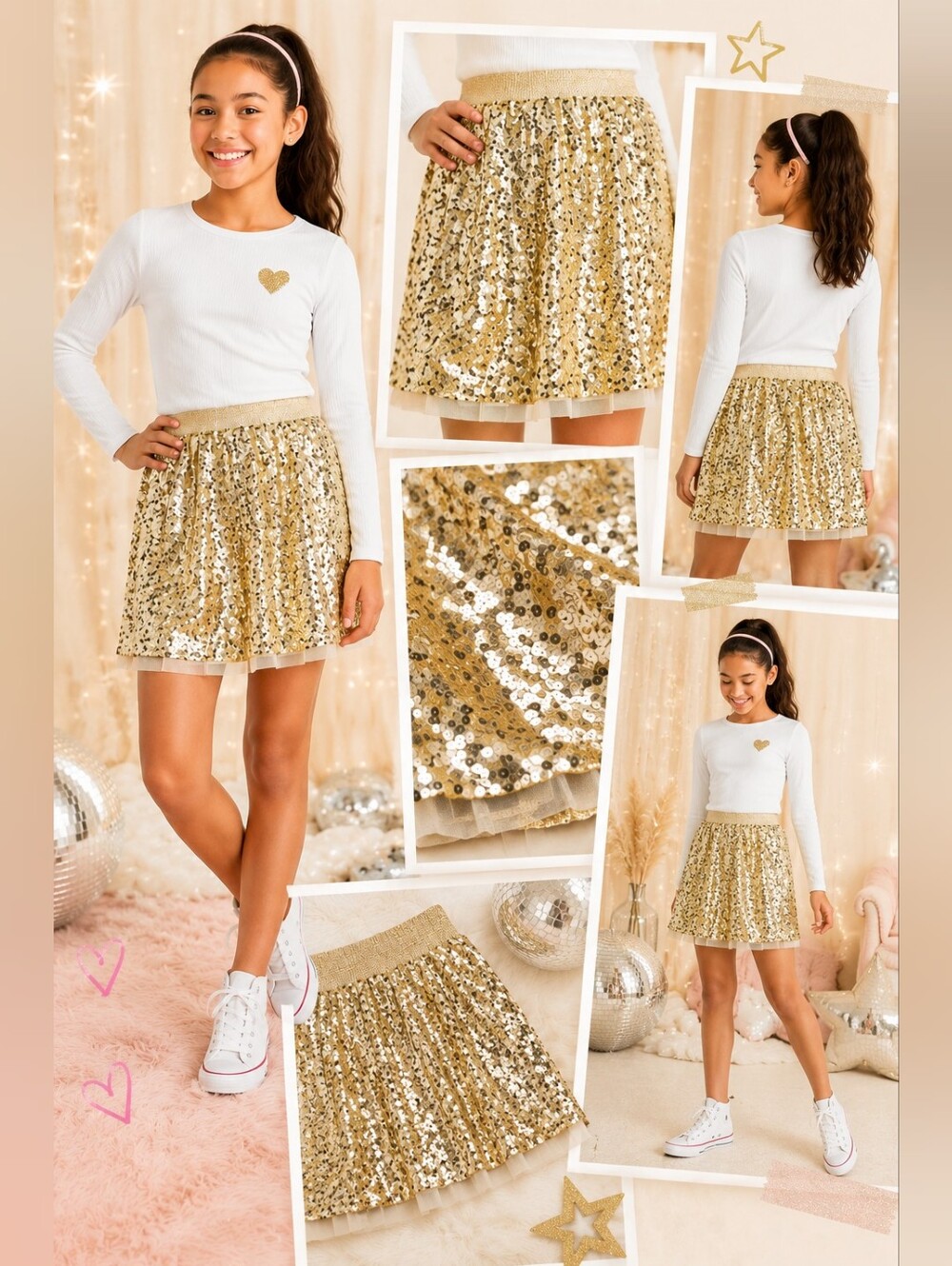 Cat & Jack Girls Gold Sequin Pull-On Mini Skirt | Holiday Party Sparkle| Size 12